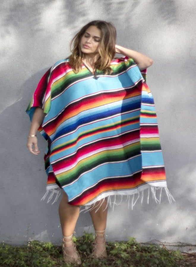 Del Mex Mexican Serape Poncho Adult Costume (Turquoise) - Image 2
